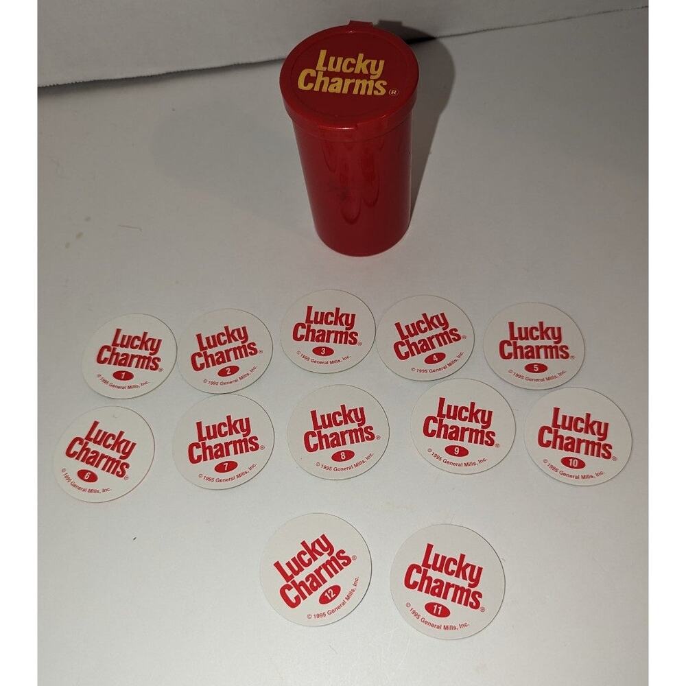 Vintage 1995 Complete Set 13 Lucky Charms Pogs Slammer Case Mint 1-12